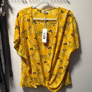 Yellow Ruched Short Sleeve Blouse